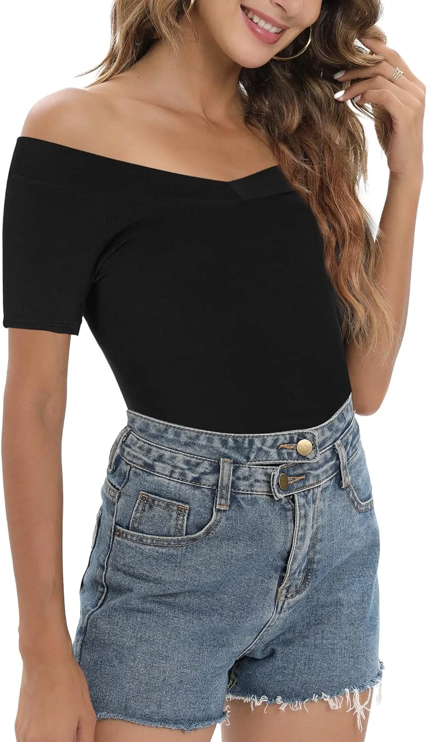 Sarin Mathews Womens Shirts Off The Shoulder Tops Sexy V Neck Slim Fit Shirts Tops Blouses