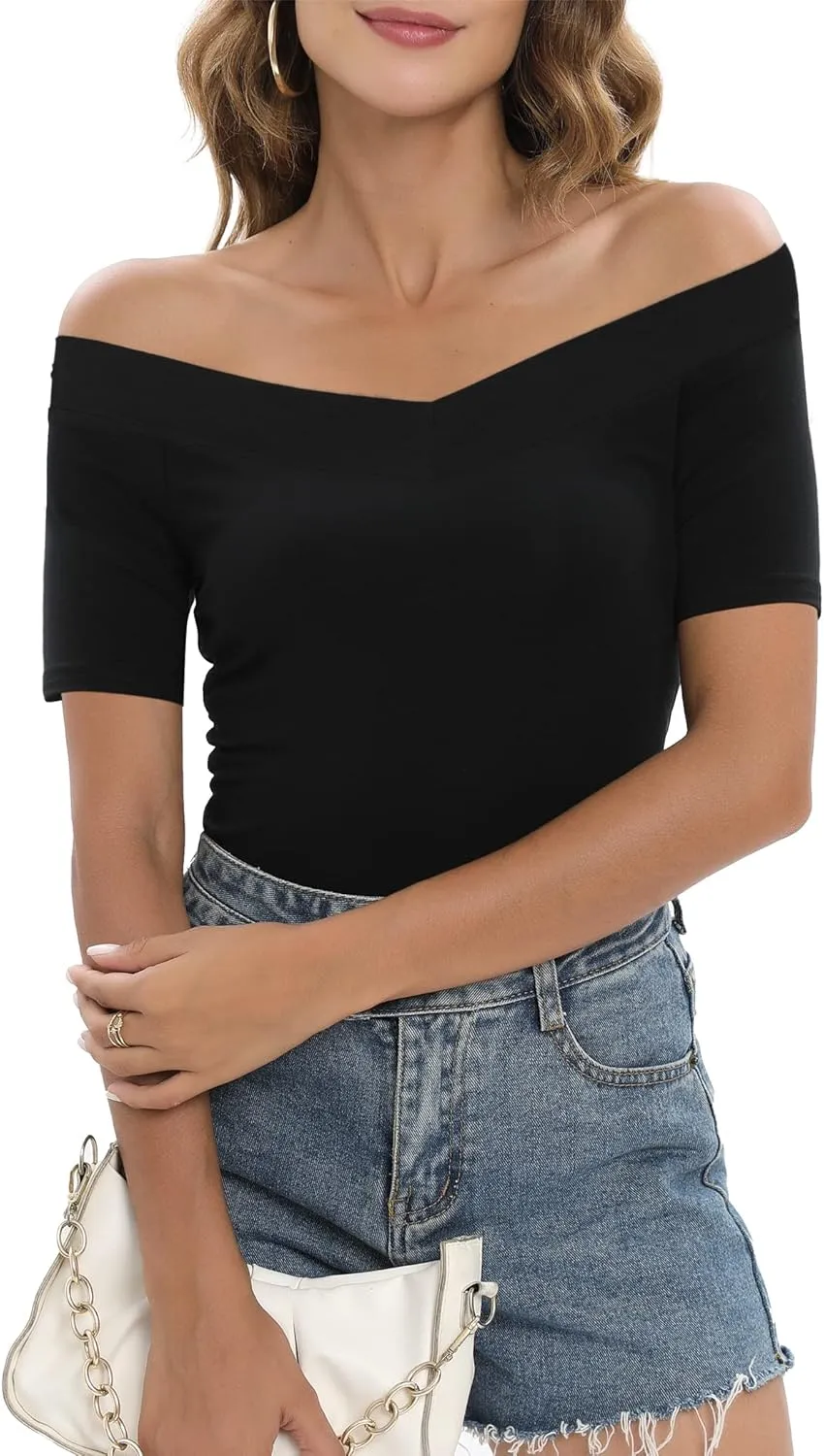 Sarin Mathews Womens Shirts Off The Shoulder Tops Sexy V Neck Slim Fit Shirts Tops Blouses