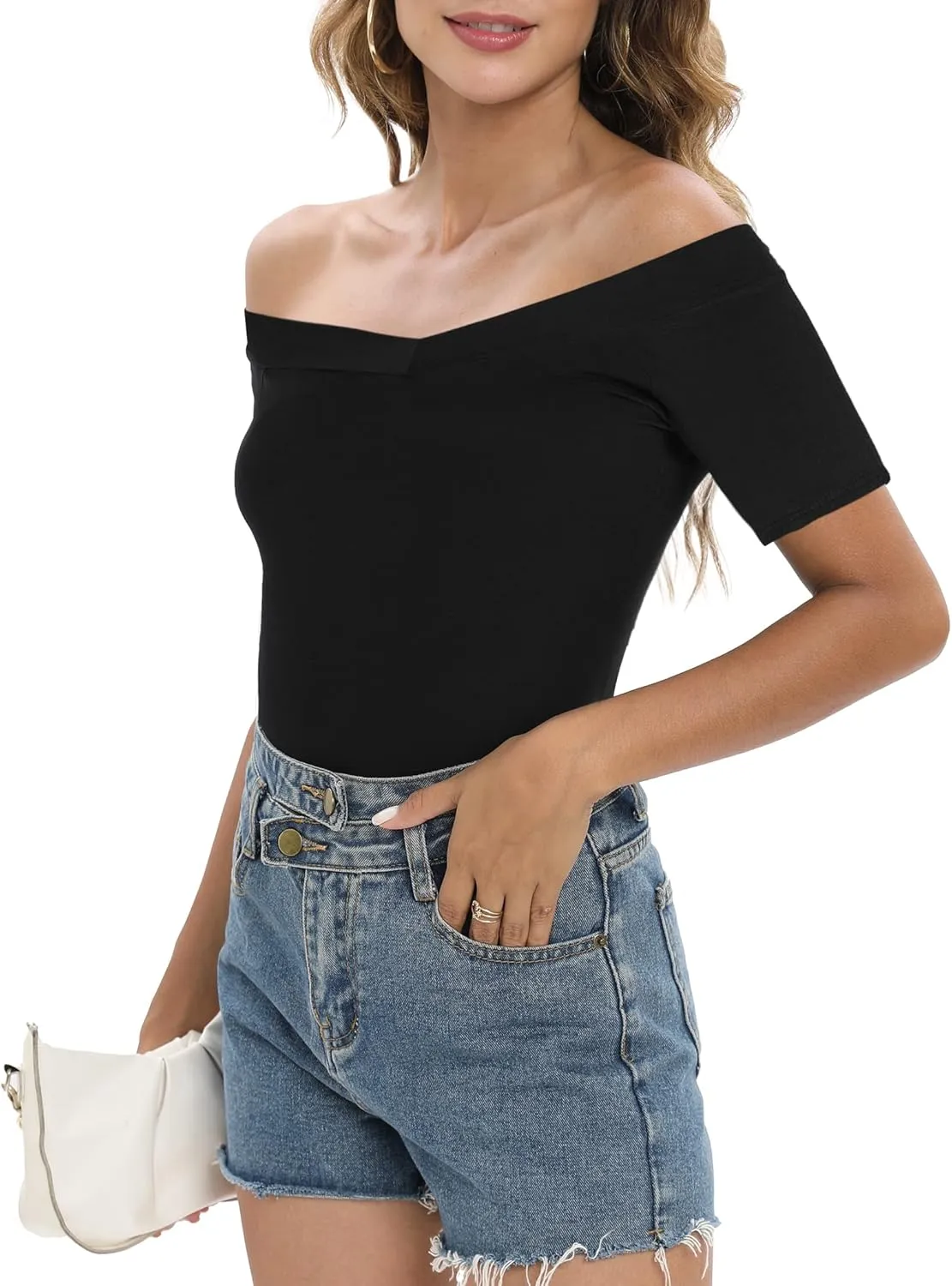 Sarin Mathews Womens Shirts Off The Shoulder Tops Sexy V Neck Slim Fit Shirts Tops Blouses