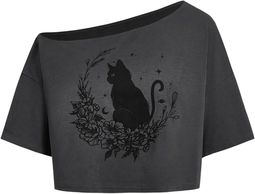 SOLY HUX Women's Plus Size Off The Shoulder Crop Tops Graphic Tees Short Sleeve Loose Fit T Shirts