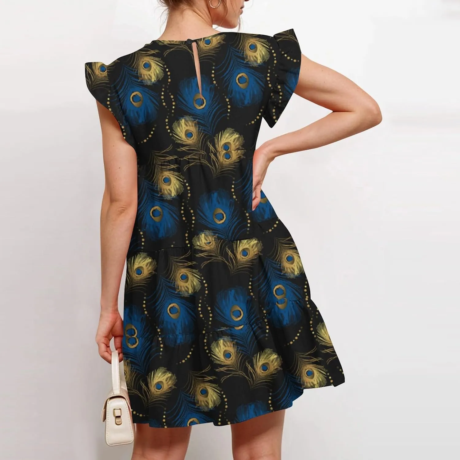 Spring Dresses for Women 2025 Summer Mini Sundress Cute Crewneck Ruffle Cap Sleeve Flowy Swing Babydoll Dress