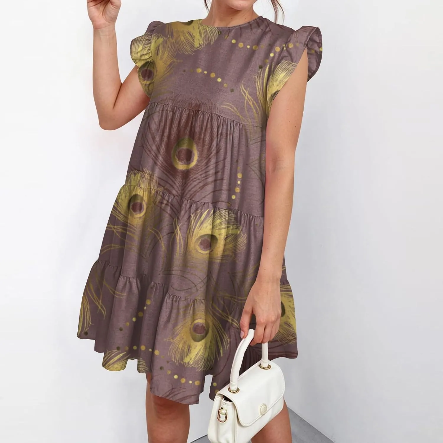 Spring Dresses for Women 2025 Summer Mini Sundress Cute Crewneck Ruffle Cap Sleeve Flowy Swing Babydoll Dress