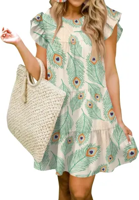 Spring Dresses for Women 2025 Summer Mini Sundress Cute Crewneck Ruffle Cap Sleeve Flowy Swing Babydoll Dress
