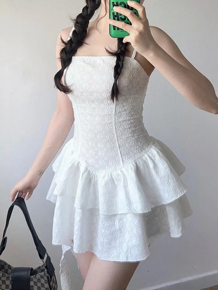 Strap Sleeveless Hollow Stitching Pleated Dress