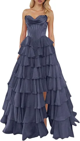 Strapless Corset Tulle Prom Dresses for Teens 2025 Long Tiered Ruffle Chiffon Swing Formal Evening Gown with Slit