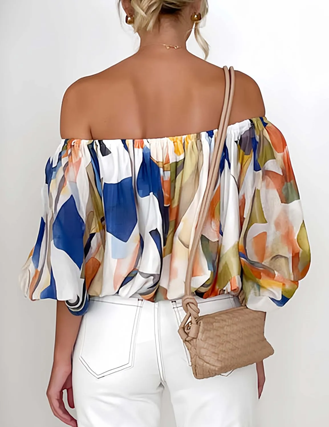 stylewe Summer Sexy Off The Shoulder Blouse for Women Boho Puff Half Sleeve Floral Crop Tops