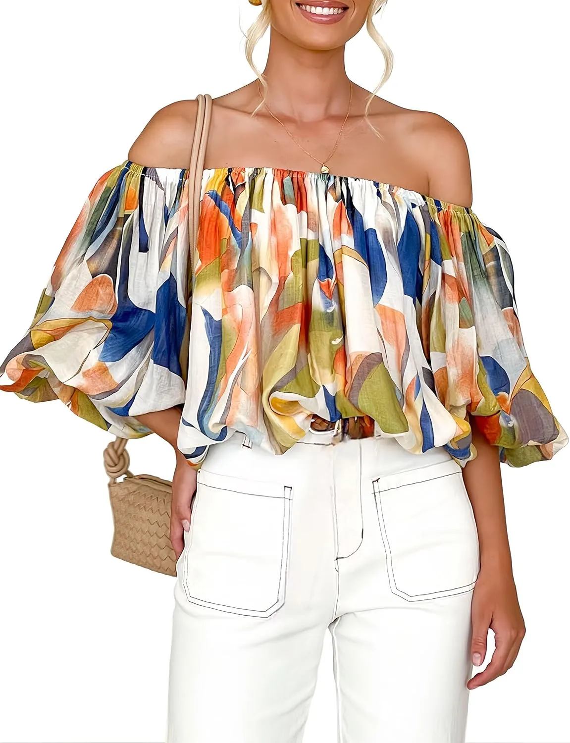 stylewe Summer Sexy Off The Shoulder Blouse for Women Boho Puff Half Sleeve Floral Crop Tops