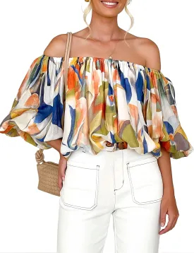 stylewe Summer Sexy Off The Shoulder Blouse for Women Boho Puff Half Sleeve Floral Crop Tops