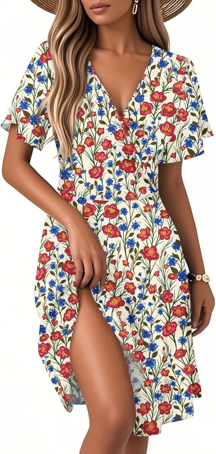 Summer Dress for Women Short Sleeve Wrap Deep V Neck Boho Floral Print Casual Ruffled A-Line Flowy Midi Sundress