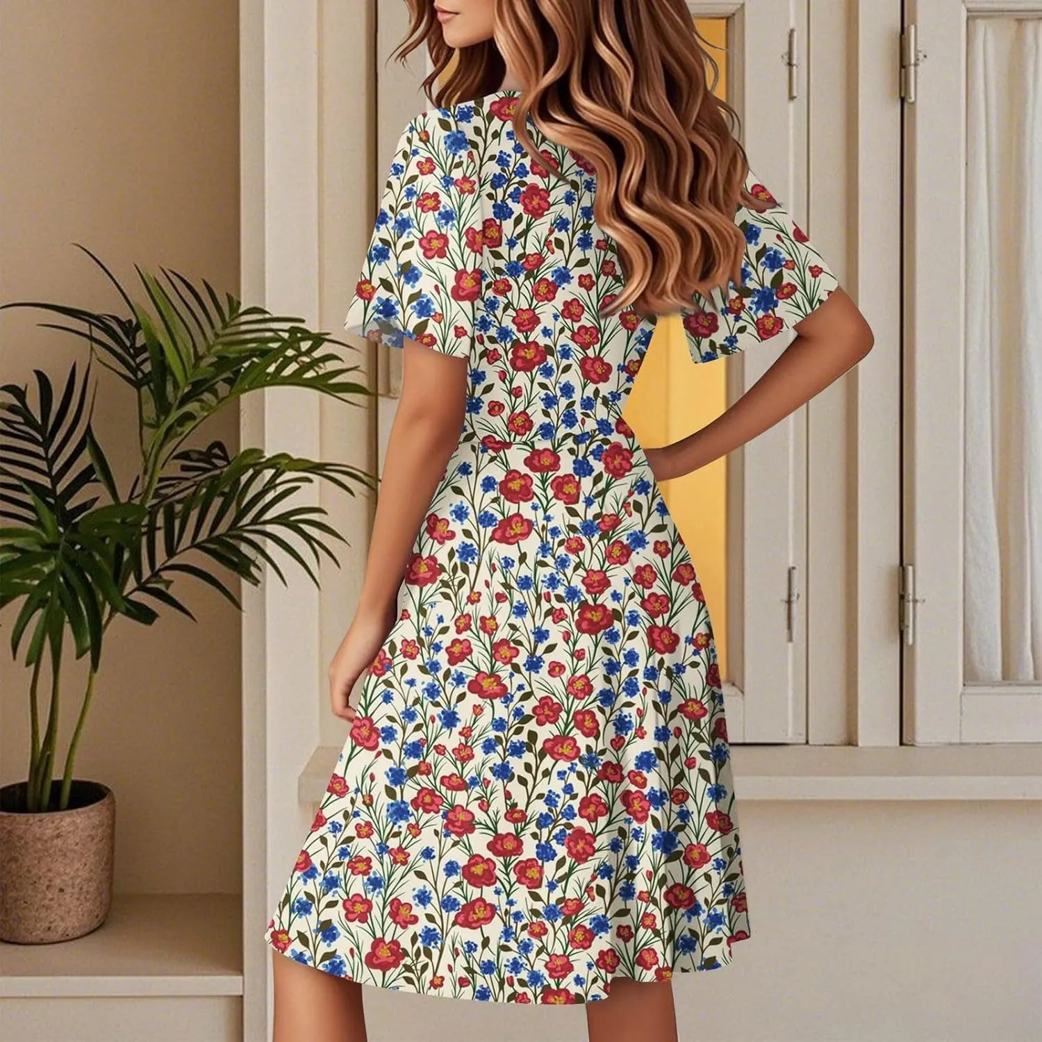 Summer Dress for Women Short Sleeve Wrap Deep V Neck Boho Floral Print Casual Ruffled A-Line Flowy Midi Sundress