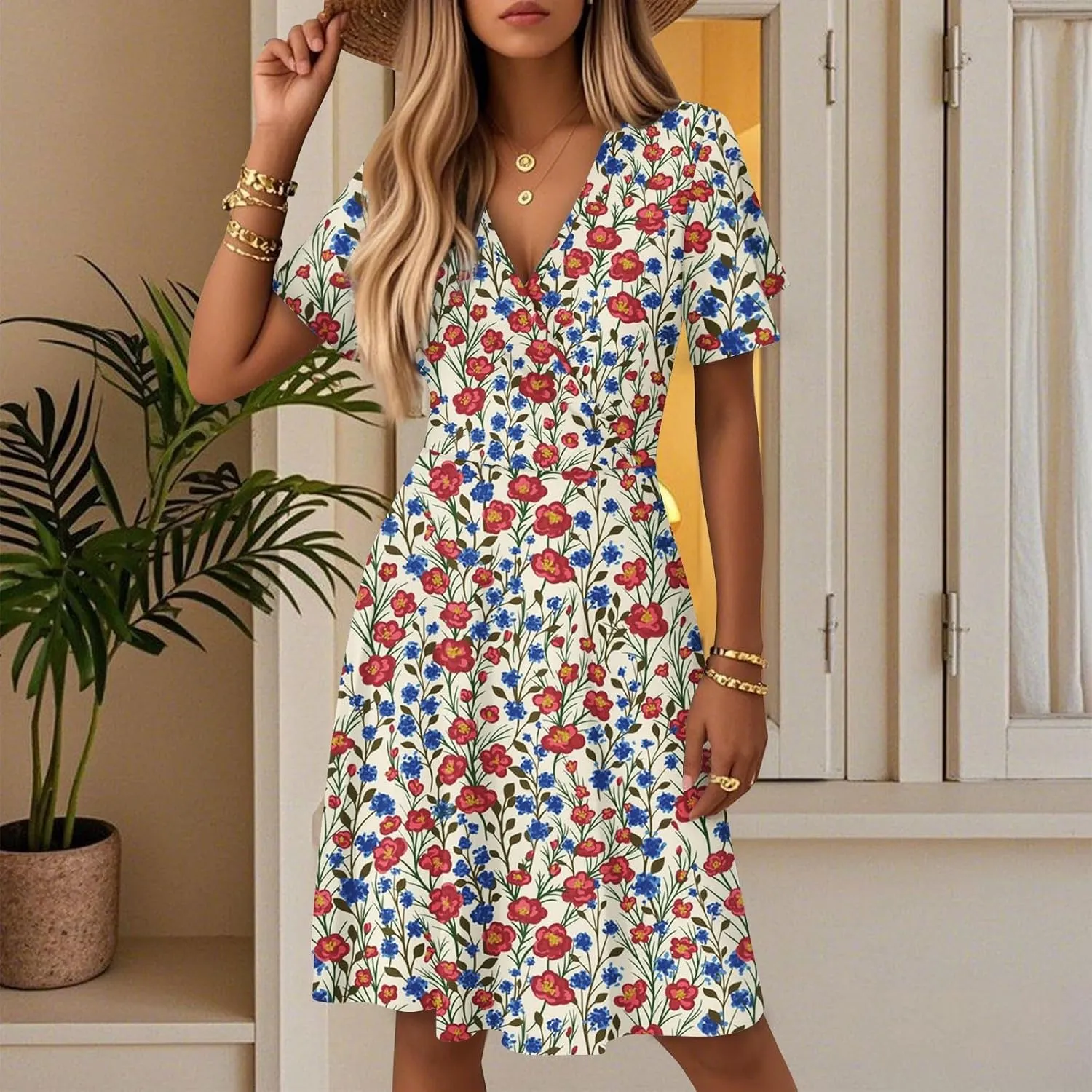Summer Dress for Women Short Sleeve Wrap Deep V Neck Boho Floral Print Casual Ruffled A-Line Flowy Midi Sundress