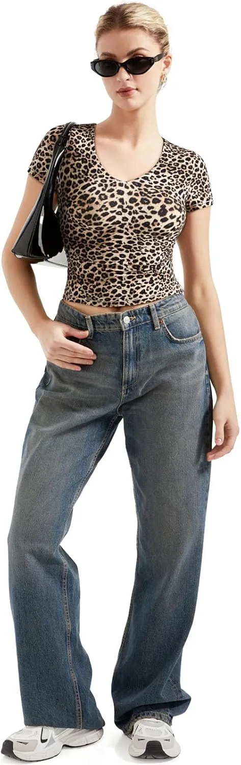 SUUKSESS Women Double Lined Fitted Basic Tee Sexy V Neck Short Sleeve Y2K Crop Top