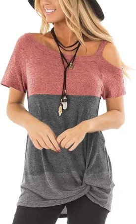 TEMOFON Women Cold Shoulder Tops: Summer Short Sleeve Shirts Casual Twist Knot Blouse T-Shirt S-2XL