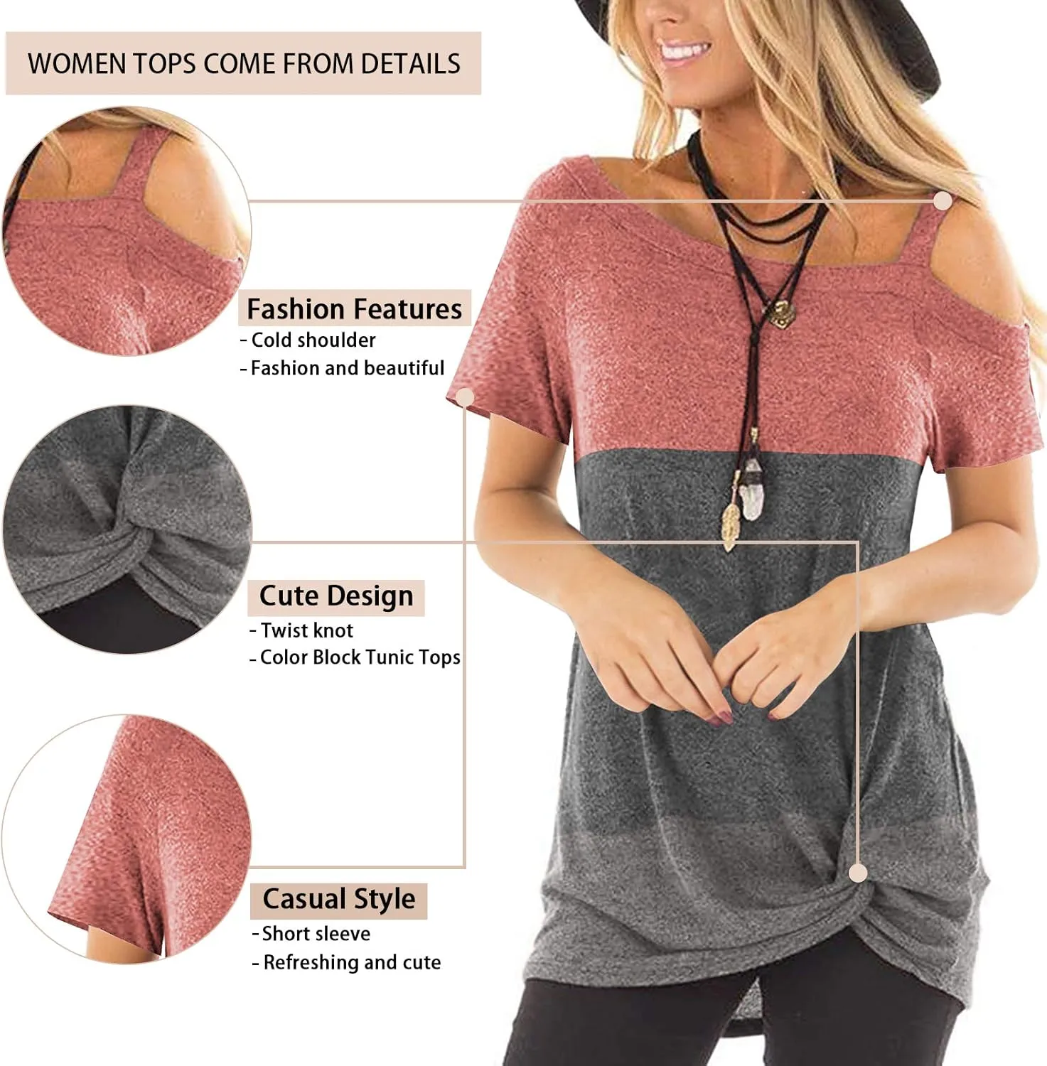 TEMOFON Women Cold Shoulder Tops: Summer Short Sleeve Shirts Casual Twist Knot Blouse T-Shirt S-2XL
