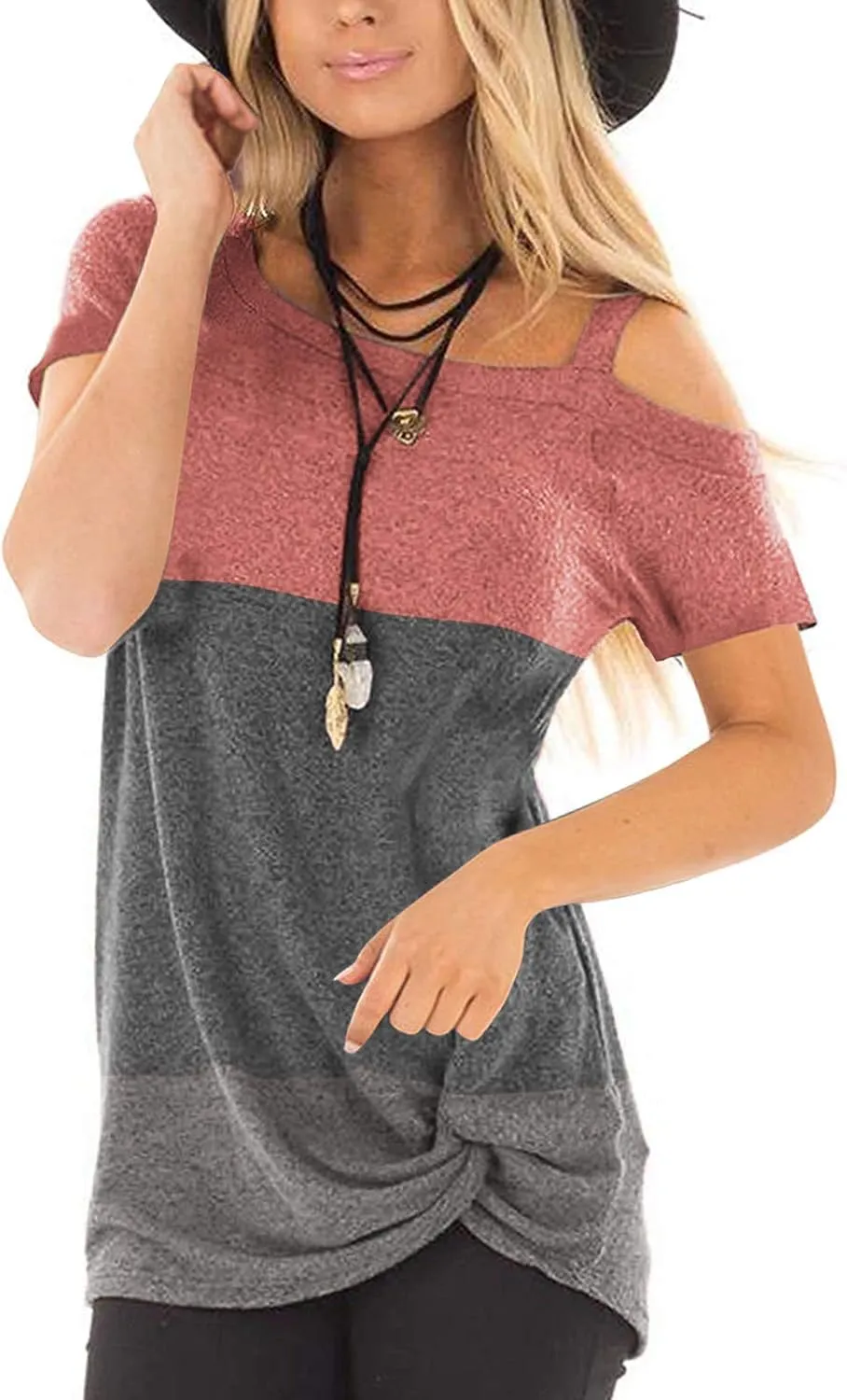 TEMOFON Women Cold Shoulder Tops: Summer Short Sleeve Shirts Casual Twist Knot Blouse T-Shirt S-2XL