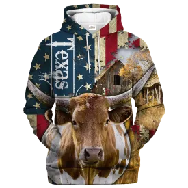 Texas Longhorn Farm With America Flag Hoodie