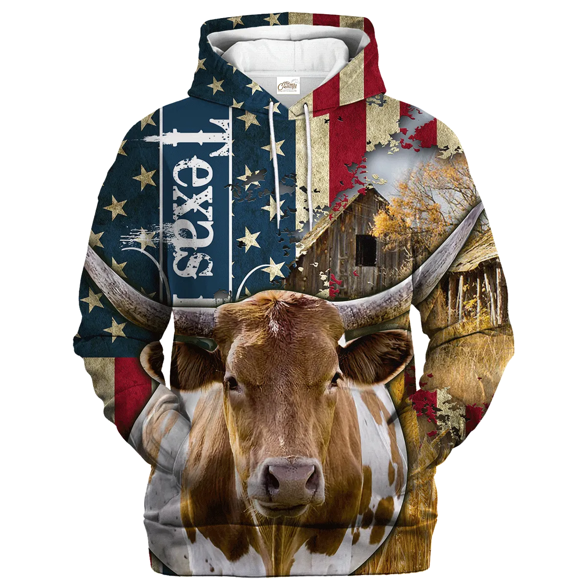 Texas Longhorn Farm With America Flag Hoodie