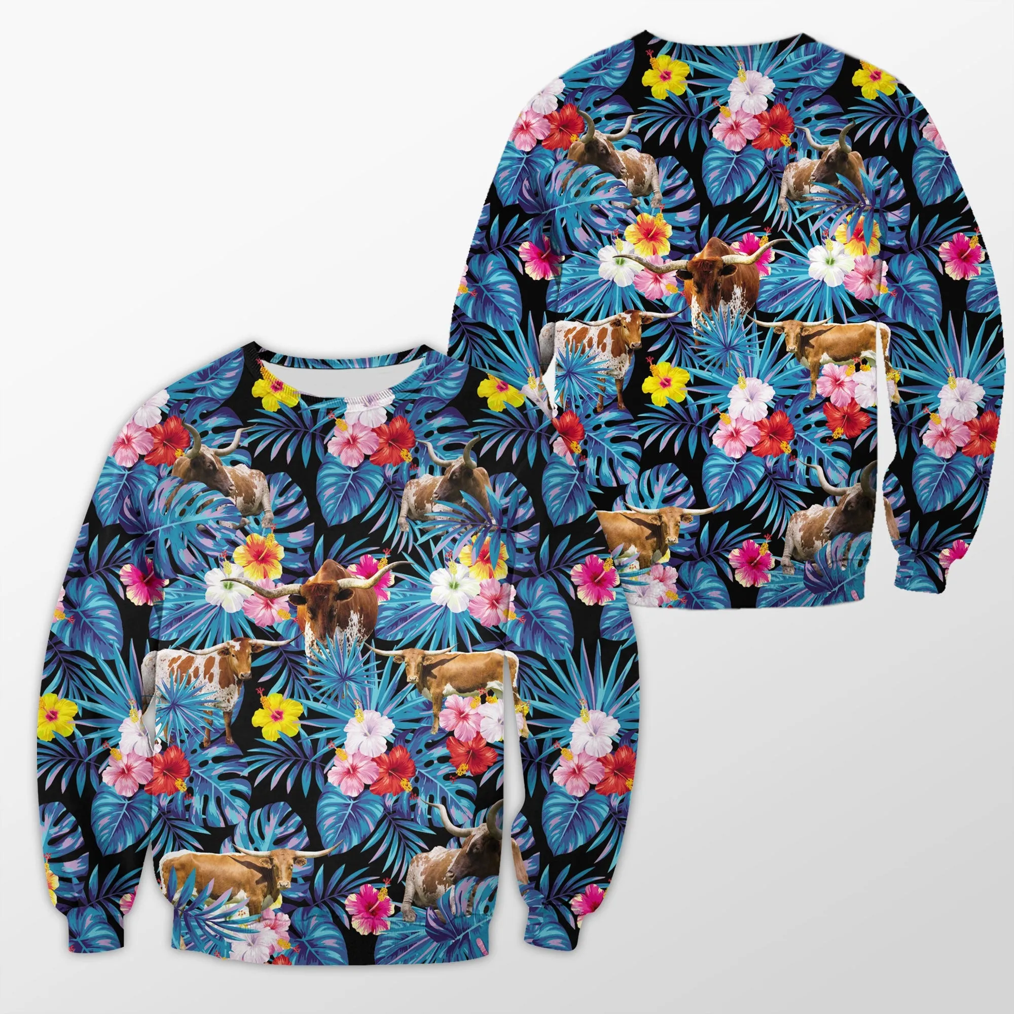 Texas Longhorn Tropical Flower Blue Tribal 3D Crewneck Christmas Sweatshirt