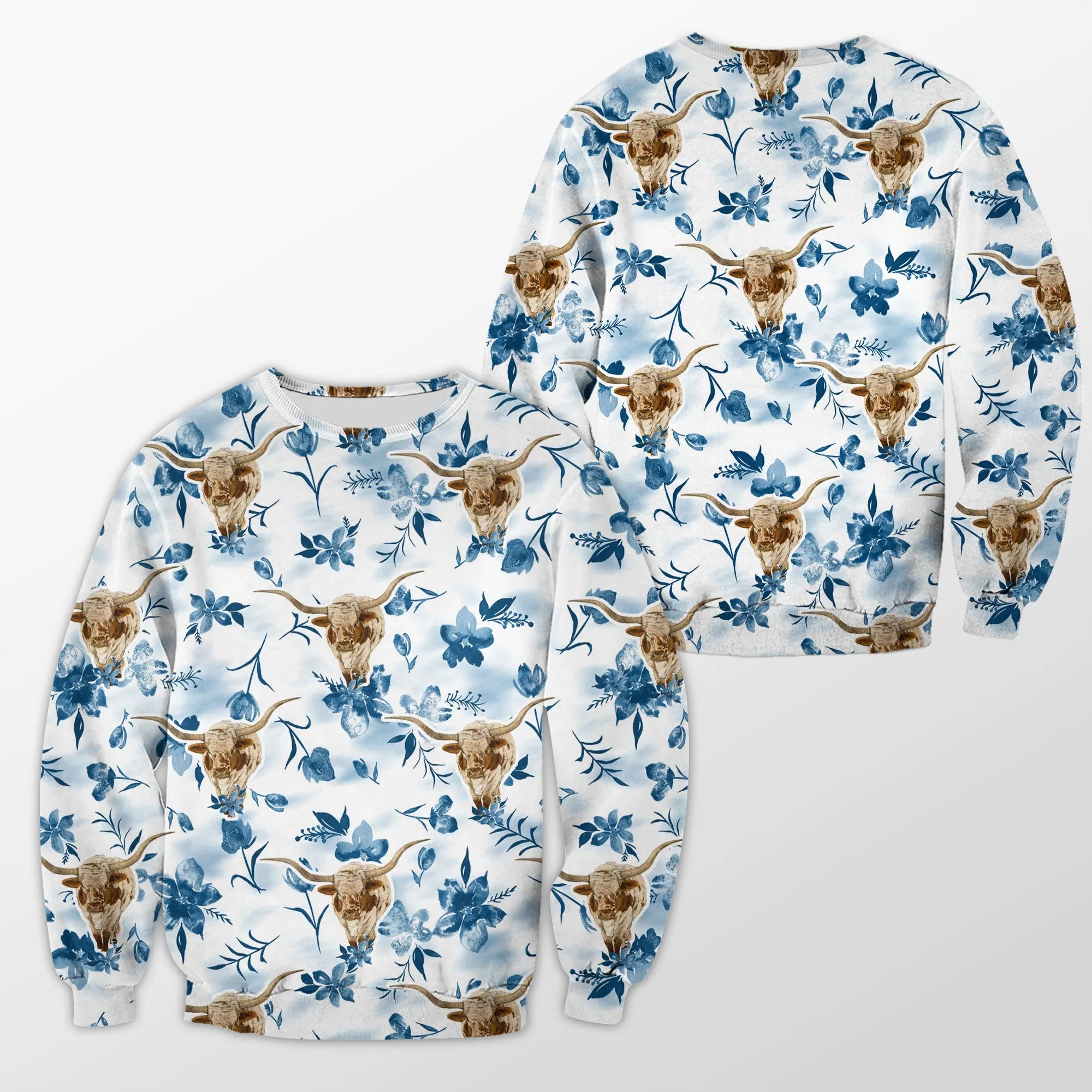 Texas Longhorn Tropical Flower Blue Tribal 3D Crewneck Christmas Sweatshirt