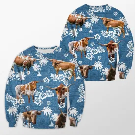Texas Longhorn Tropical Flower Blue Tribal 3D Crewneck Christmas Sweatshirt