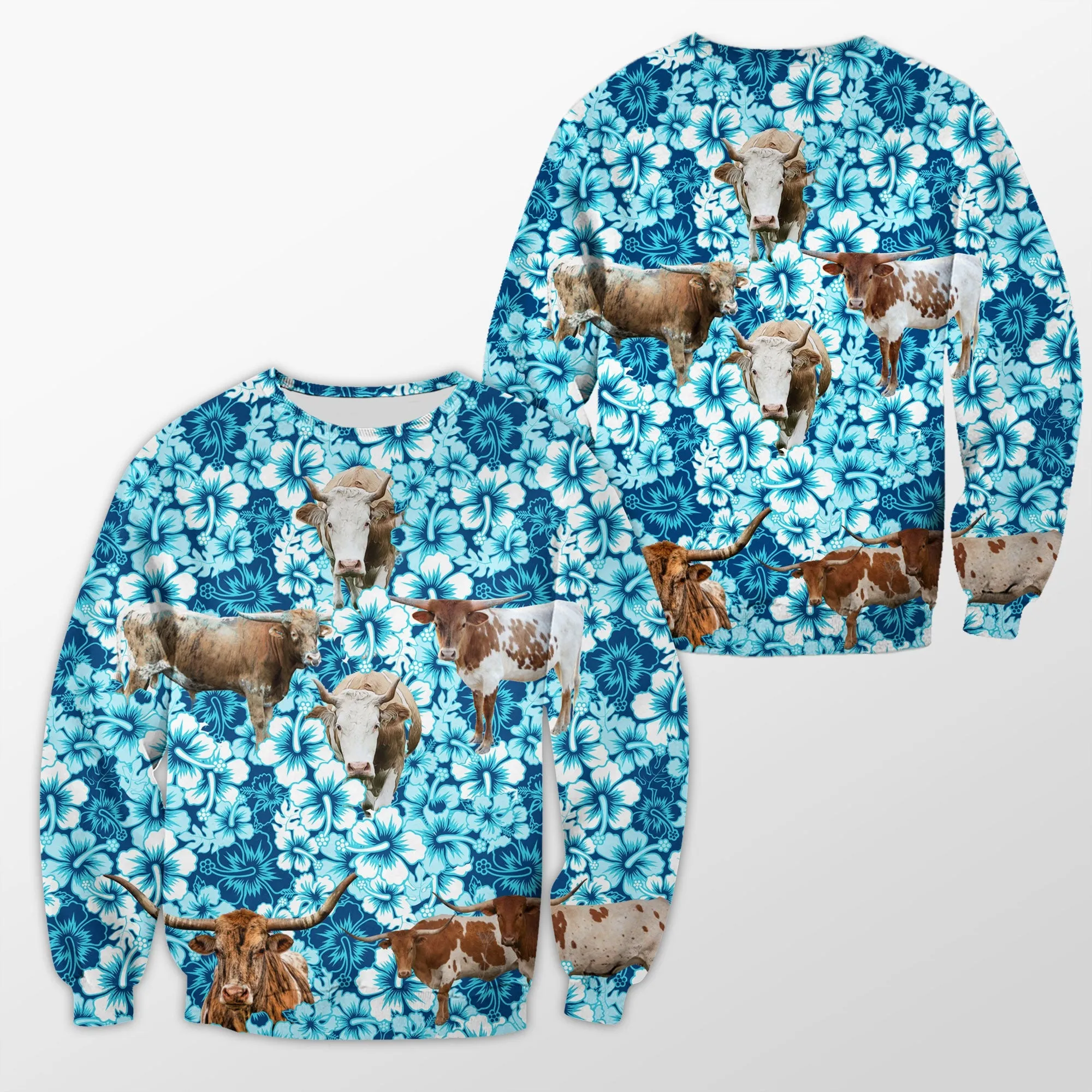 Texas Longhorn Tropical Flower Blue Tribal 3D Crewneck Christmas Sweatshirt