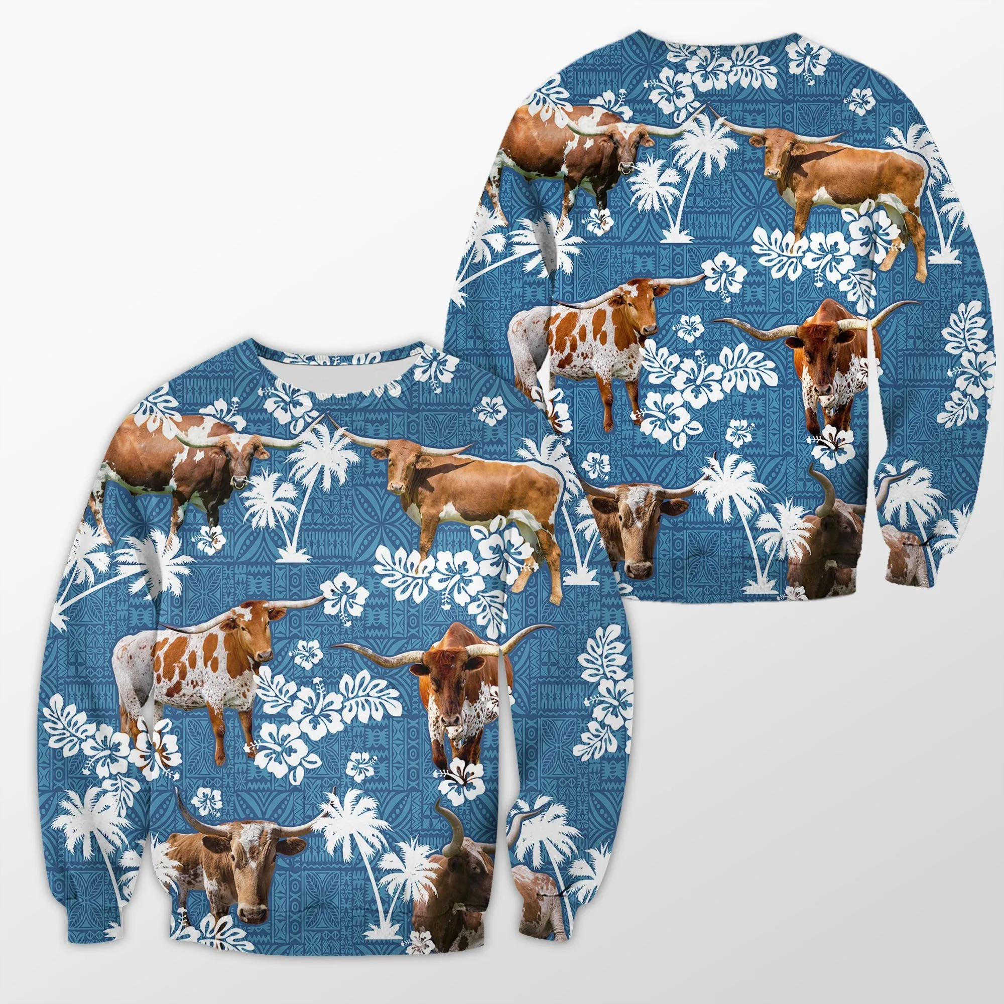 Texas Longhorn Tropical Flower Blue Tribal 3D Crewneck Christmas Sweatshirt