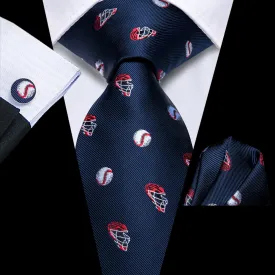 Ties2you Silk Necktie Dark Blue Fun Novelty Baseball Casual Mens Tie Set