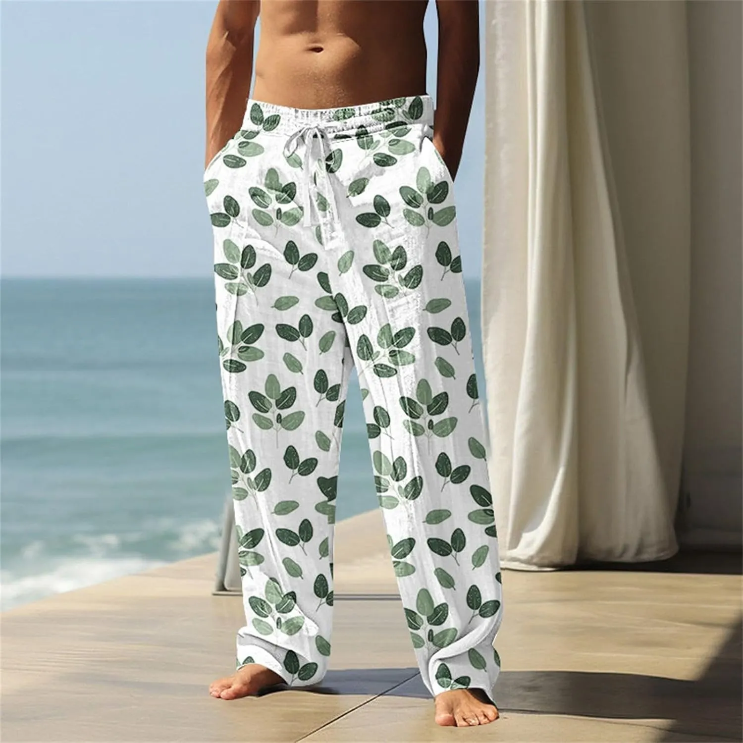 Tropical Palm Tree Graphic Sweatpants for Men Hawaiian Beach Vacation Pants Soft Lounge Lightweight Relaxed Fit