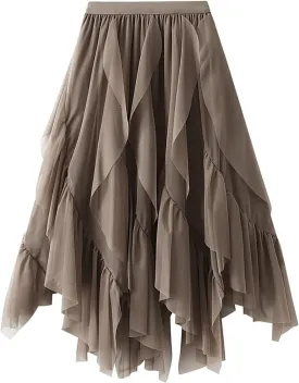 Tulle Skirts for Women 2025 High Elastic Waist Mesh Layered Long Fairy Skirt Tutu A-Line Midi Skirt for Ladies