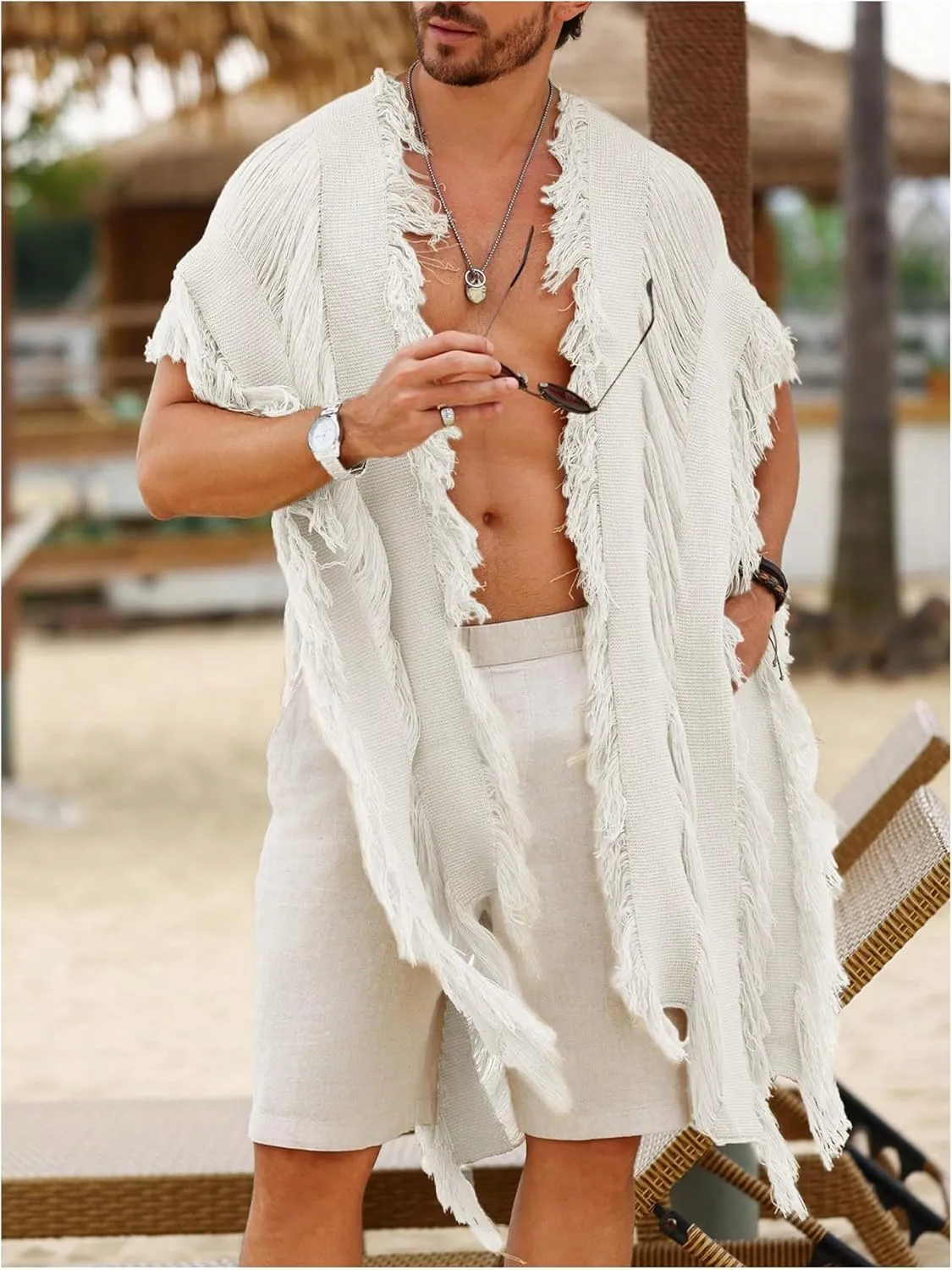 Verdusa Men's Open Front Fringe Loose Cardigan Cape Knit Shawl Wrap