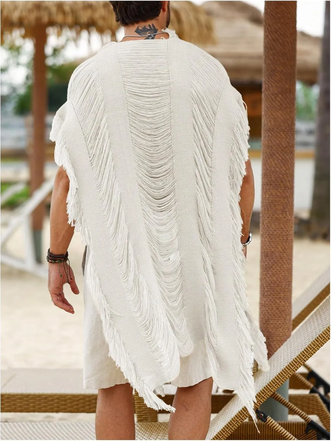 Verdusa Men's Open Front Fringe Loose Cardigan Cape Knit Shawl Wrap