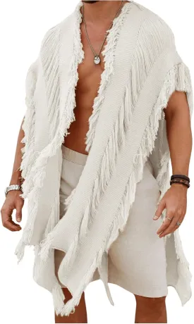 Verdusa Men's Open Front Fringe Loose Cardigan Cape Knit Shawl Wrap