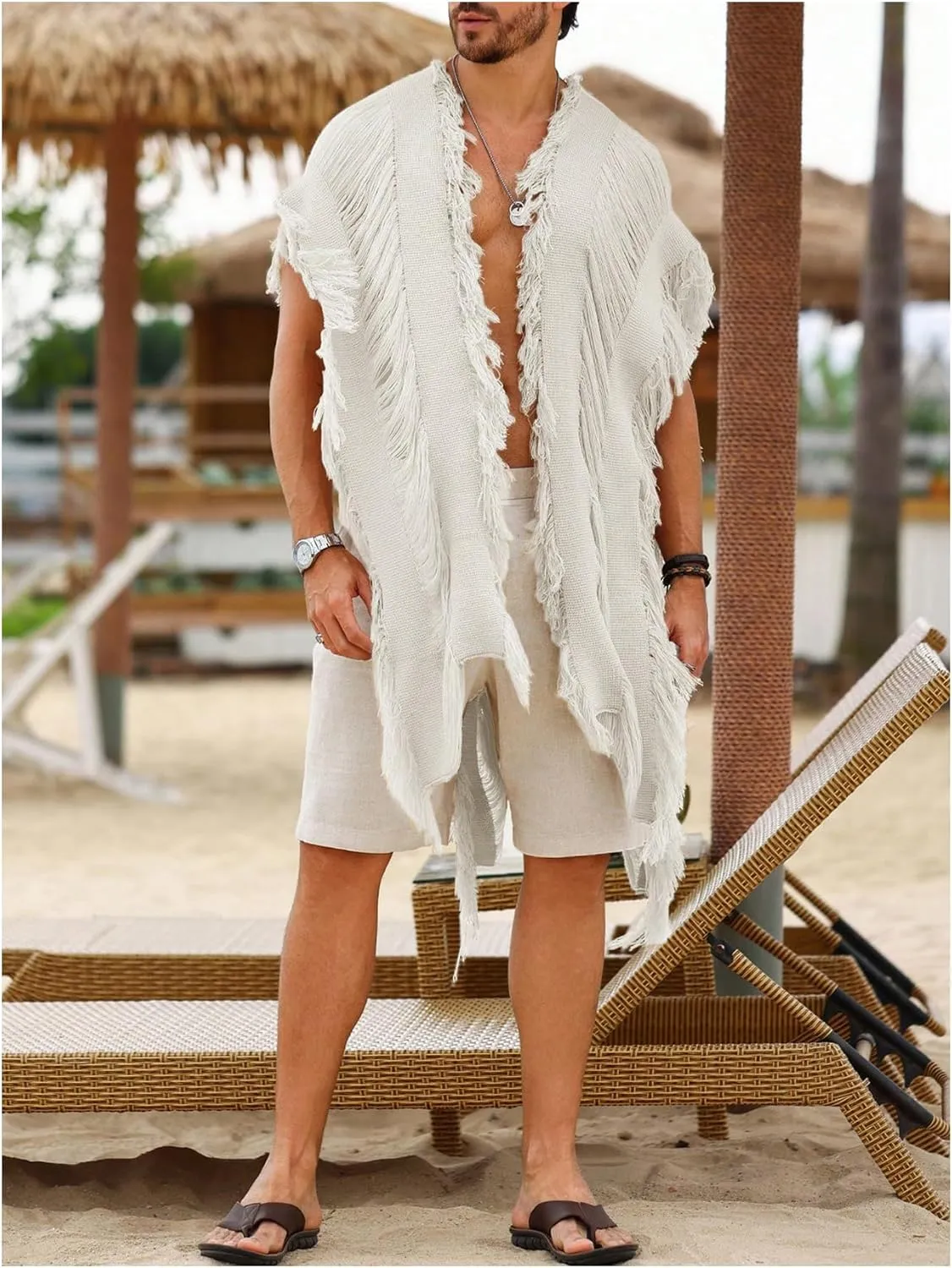 Verdusa Men's Open Front Fringe Loose Cardigan Cape Knit Shawl Wrap