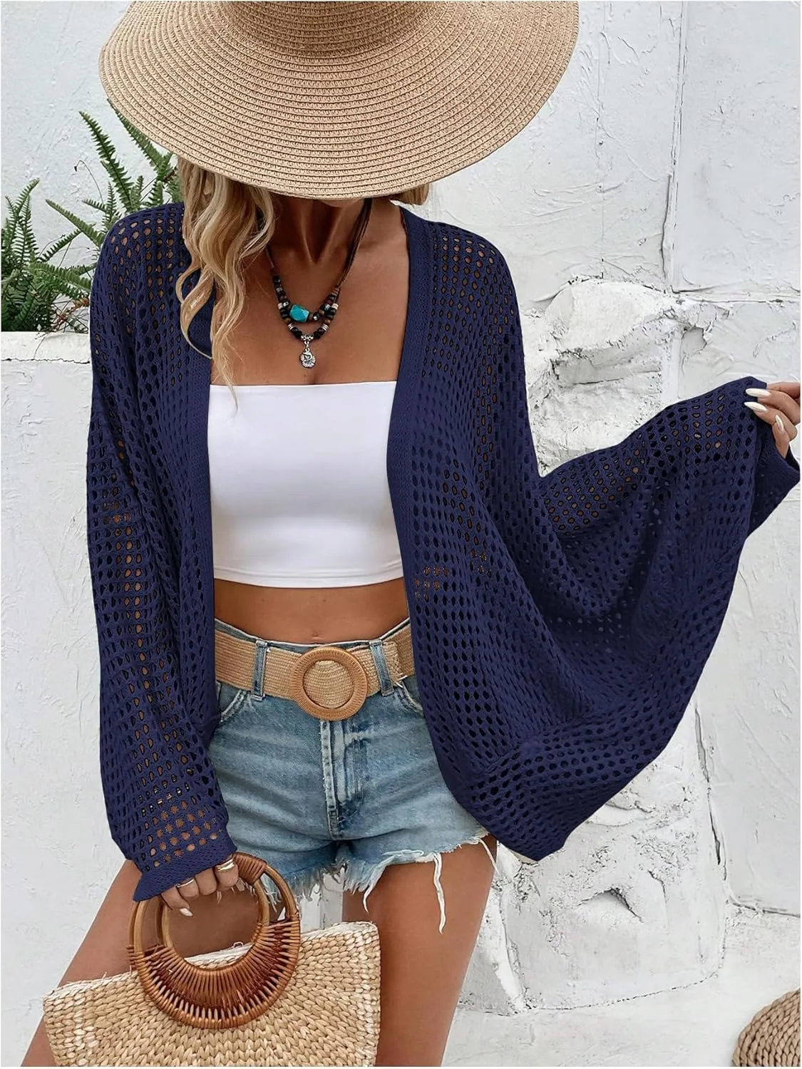 Verdusa Women's Hollow Out Open Front Long Sleeve Oversized Knitted Cardigan Sweater