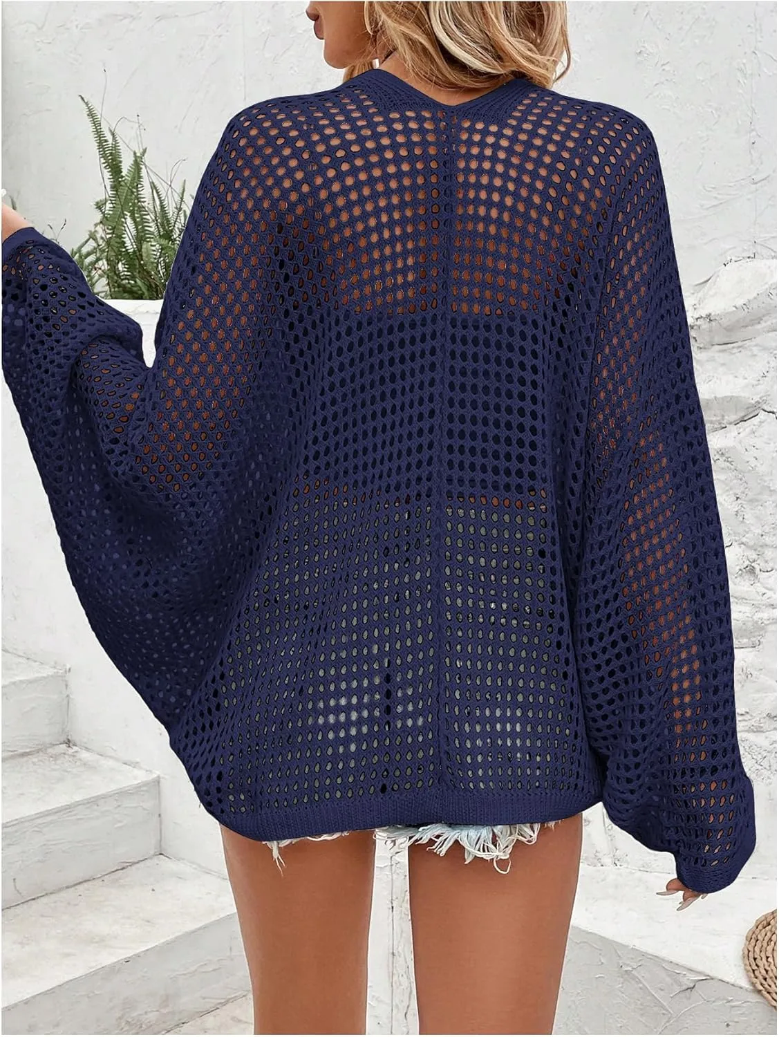 Verdusa Women's Hollow Out Open Front Long Sleeve Oversized Knitted Cardigan Sweater