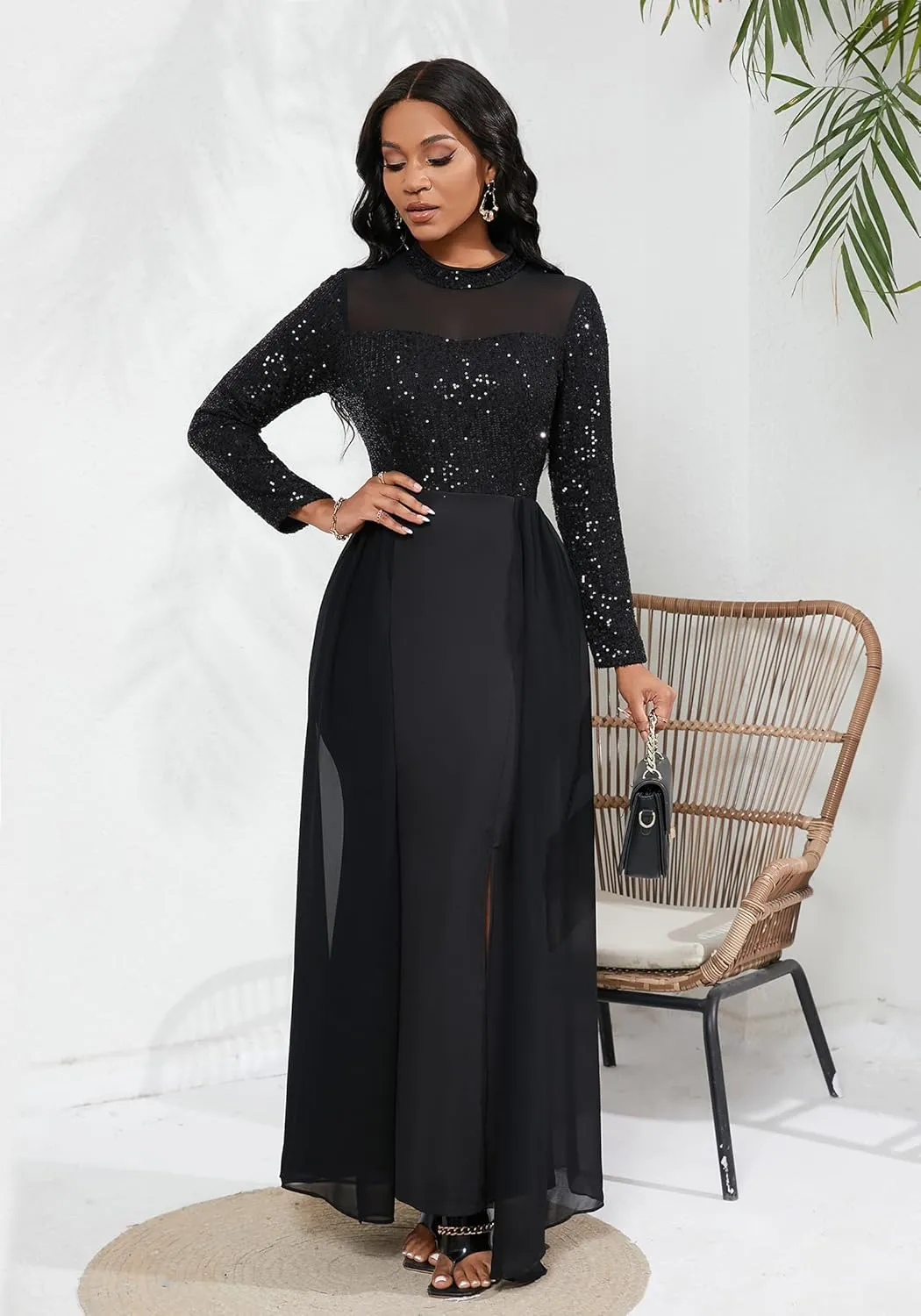 VERWIN Women's Bodycon Sequins Dress Mesh Chiffon Shoulder Maxi Dress Side Slit Patchwork Overlay Dress