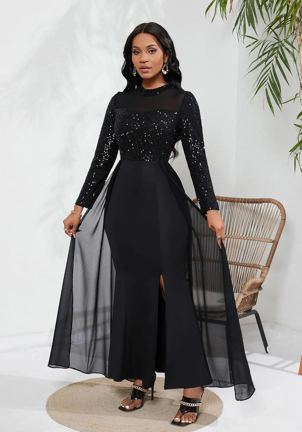 VERWIN Women's Bodycon Sequins Dress Mesh Chiffon Shoulder Maxi Dress Side Slit Patchwork Overlay Dress