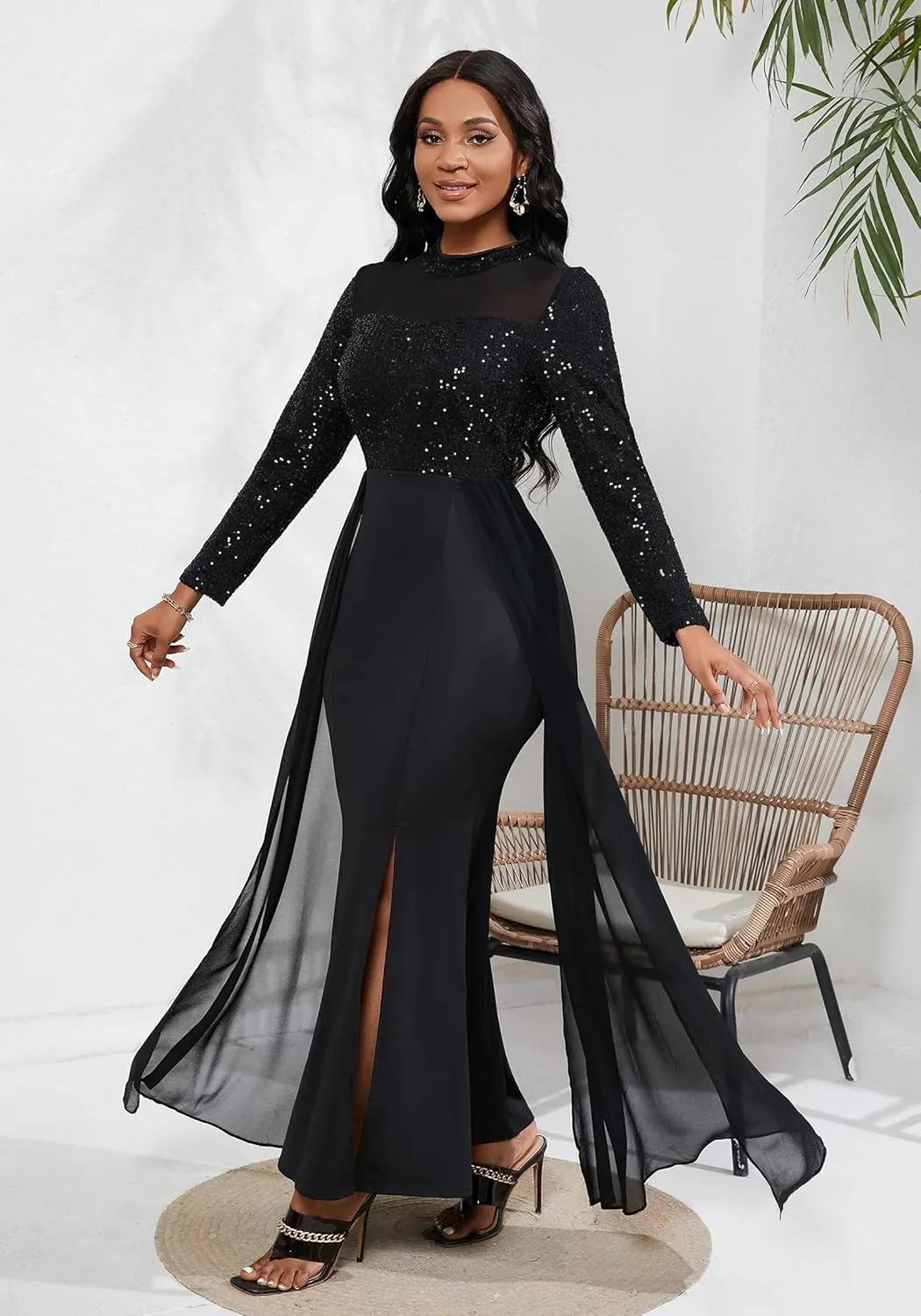 VERWIN Women's Bodycon Sequins Dress Mesh Chiffon Shoulder Maxi Dress Side Slit Patchwork Overlay Dress