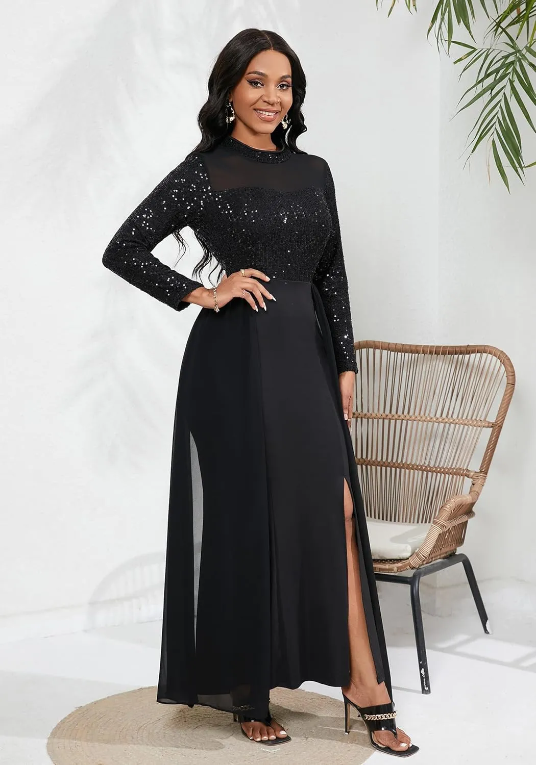 VERWIN Women's Bodycon Sequins Dress Mesh Chiffon Shoulder Maxi Dress Side Slit Patchwork Overlay Dress