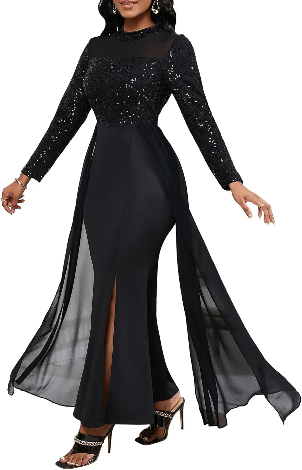 VERWIN Women's Bodycon Sequins Dress Mesh Chiffon Shoulder Maxi Dress Side Slit Patchwork Overlay Dress