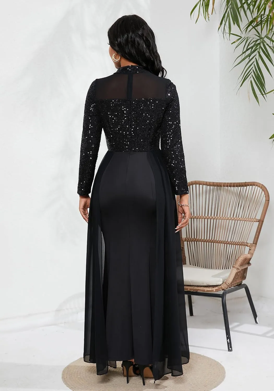 VERWIN Women's Bodycon Sequins Dress Mesh Chiffon Shoulder Maxi Dress Side Slit Patchwork Overlay Dress