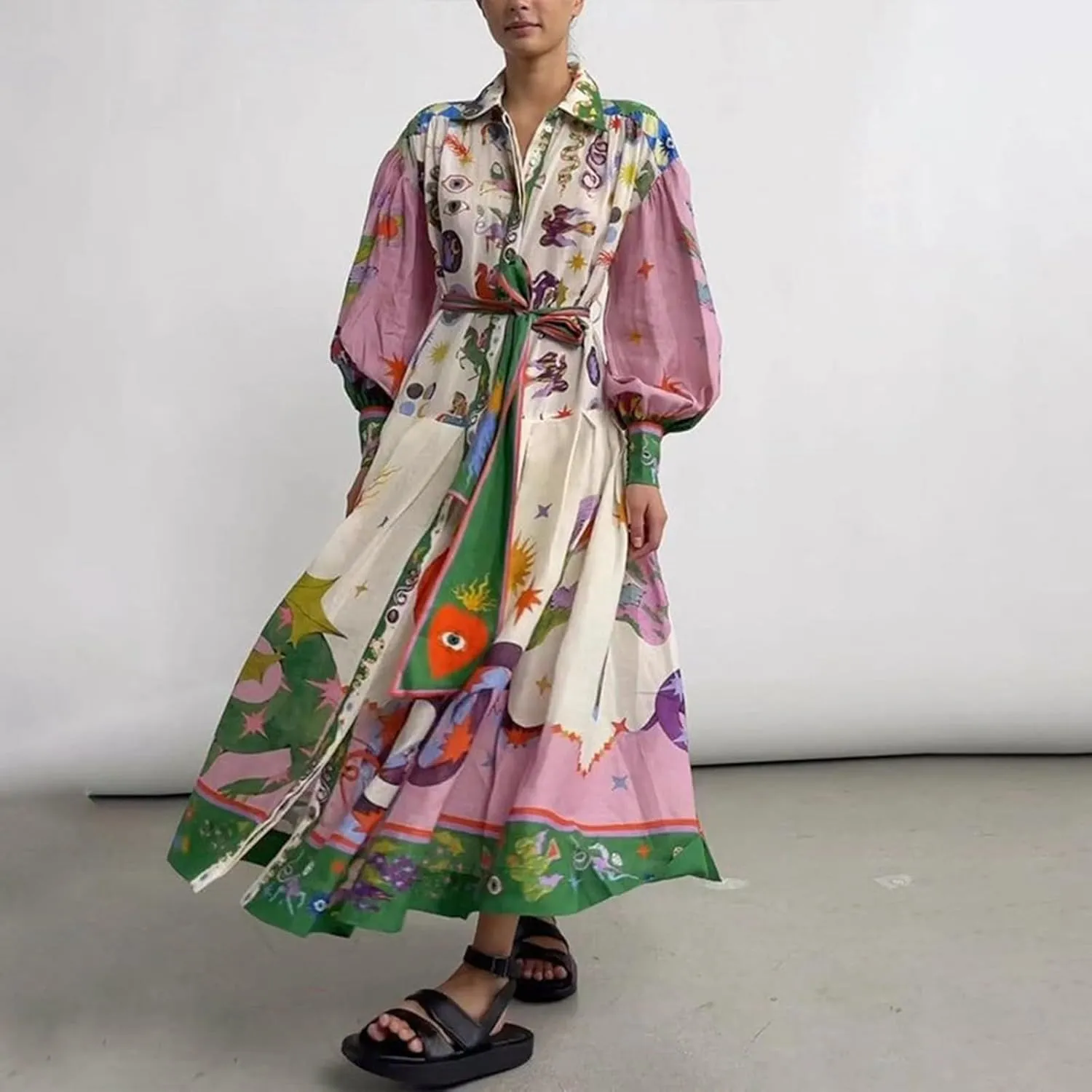Women Cute Print Maxi Dress Loose Long Sleeve Boho Flowy Graffiti Long Aline Wedding Guest Dress