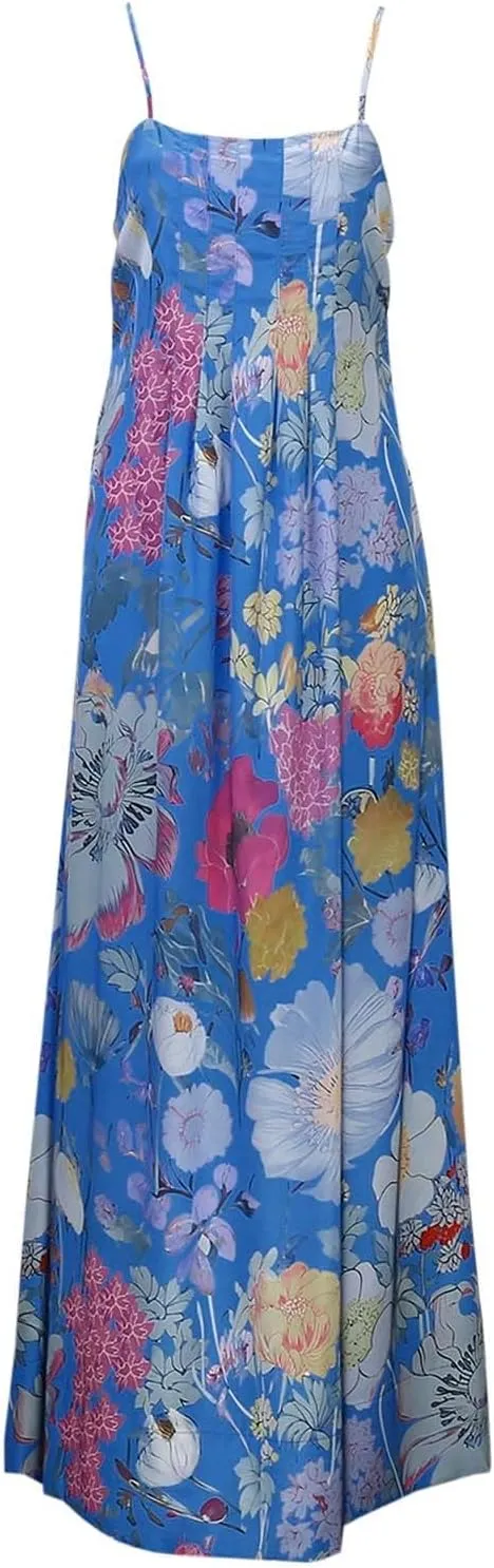 Women Floral Boho Maxi Dress Spaghetti Strap Backless A-Line Long Flowy Dresses Sleeveless Back Cut Out Sundresses