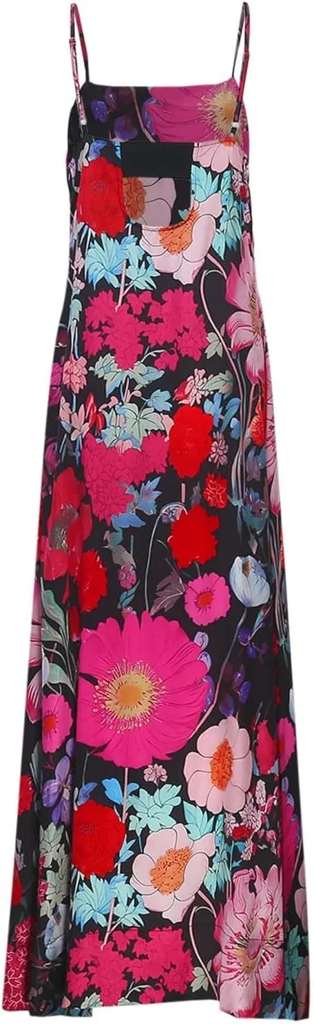 Women Floral Maxi Dress Sexy Sleeveless Backless Summer Flowy Long Dress Spaghetti Strap A-Line Back Cut Out Sundress