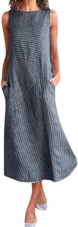 Women Linen Dress Summer Sleeveless Maxi Dress Swing Beach Dresses Boho Long Dresses Beachy with Pockects