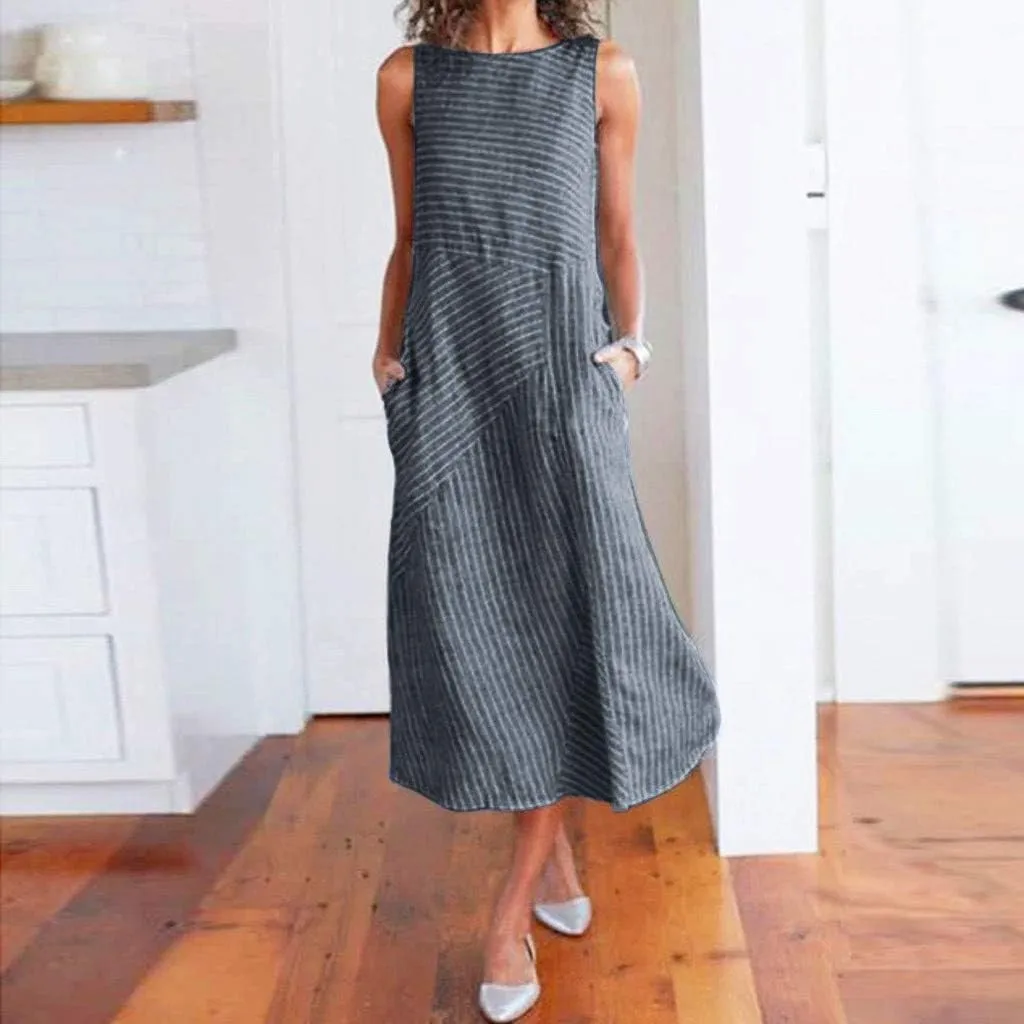 Women Linen Dress Summer Sleeveless Maxi Dress Swing Beach Dresses Boho Long Dresses Beachy with Pockects