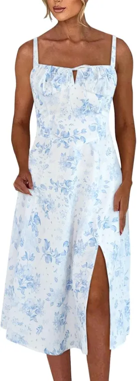 Women Summer Corset Dresses Lace up Pleated Front Slim High Slit Sling Sleeveless Dress Sexy Floral Midi Sundress
