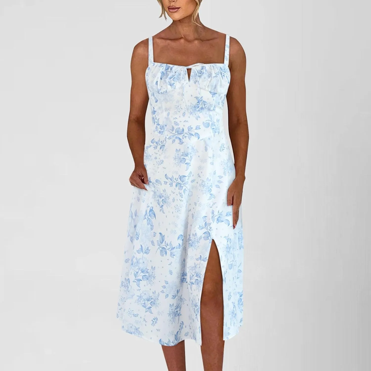 Women Summer Corset Dresses Lace up Pleated Front Slim High Slit Sling Sleeveless Dress Sexy Floral Midi Sundress