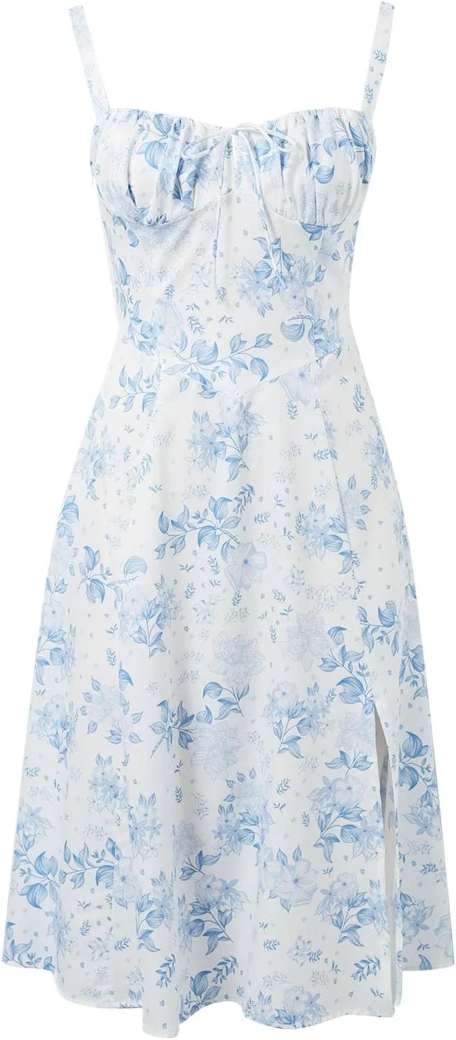 Women Summer Corset Dresses Lace up Pleated Front Slim High Slit Sling Sleeveless Dress Sexy Floral Midi Sundress