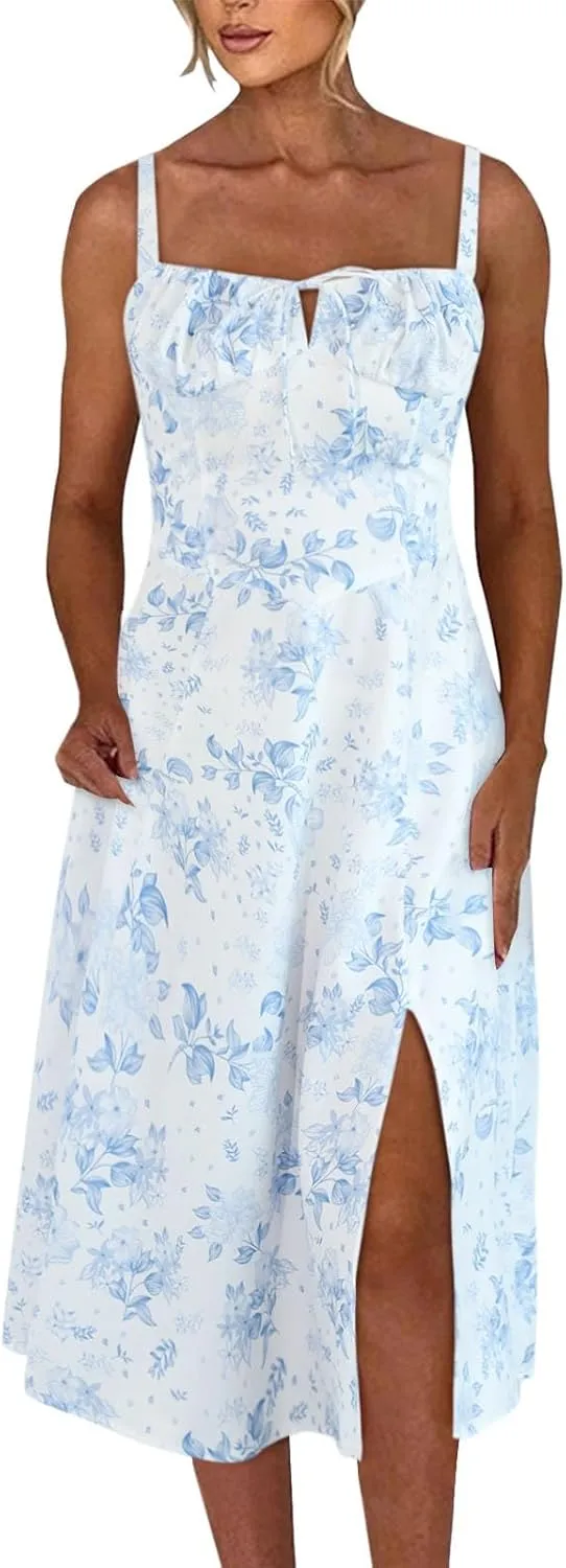 Women Summer Corset Dresses Lace up Pleated Front Slim High Slit Sling Sleeveless Dress Sexy Floral Midi Sundress